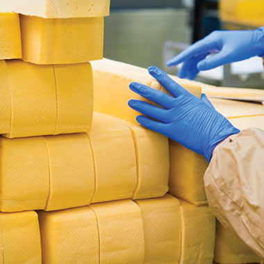 Pracownik układa bloki sera w zakładzie mleczarskim. W przemyśle mleczarskim analizatory OWO mogą pomóc w monitorowaniu ścieków organicznych i redukcji strat produktów.